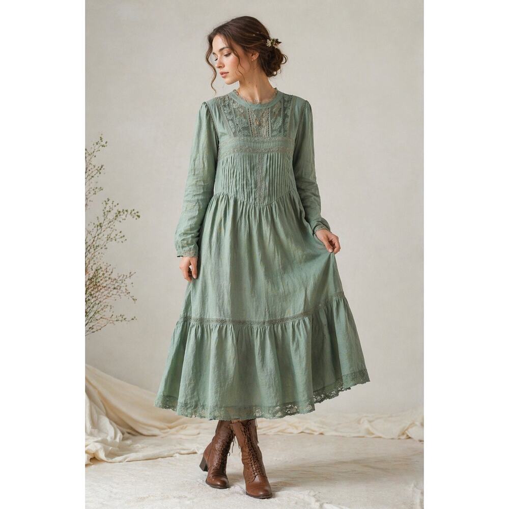 Linennaive Womens XL Linen Dress Green Renaissance Cottagecore Festival Boho